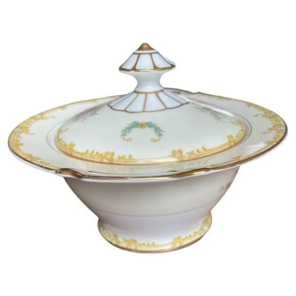 Noritake  N183 Sugar Bowl With Lid Yellow Border Floral Sprays Gold‎ Trim Japan